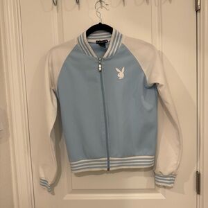 PLAYBOY Light Blue & White Striped Track-Varsity Jacket Size Medium Vintage Y2K